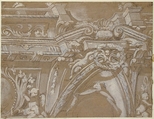 Ornamental Design for a Wall Monument Surmounted by a Balustrade with Human Figures, Angels Holding Garlands and Draperies (recto and verso), Gregorio de&#39; Ferrari (Italian, Porto Maurizio 1647–1726 Genoa), Brush and white gouache over black chalk on gray prepared paper (recto and verso)